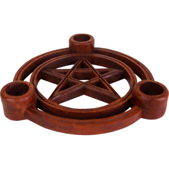 Wood Triple Candle Holder - Pentacle (Each)