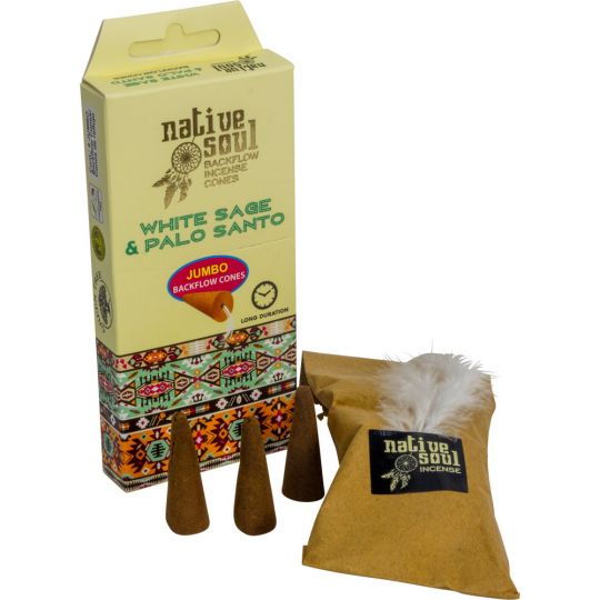 Native Soul Jumbo Backflow Cones in Display Box of 8 Cones - White Sage & Palo Santo (Pack of 12)