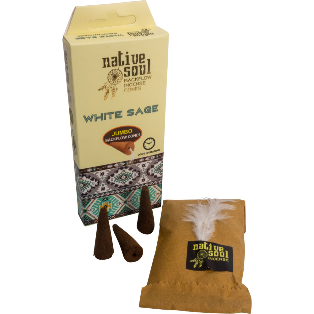 Native Soul JUMBO Backflow Cones in Display Box of 8 Cones - White Sage (Pack of 12)