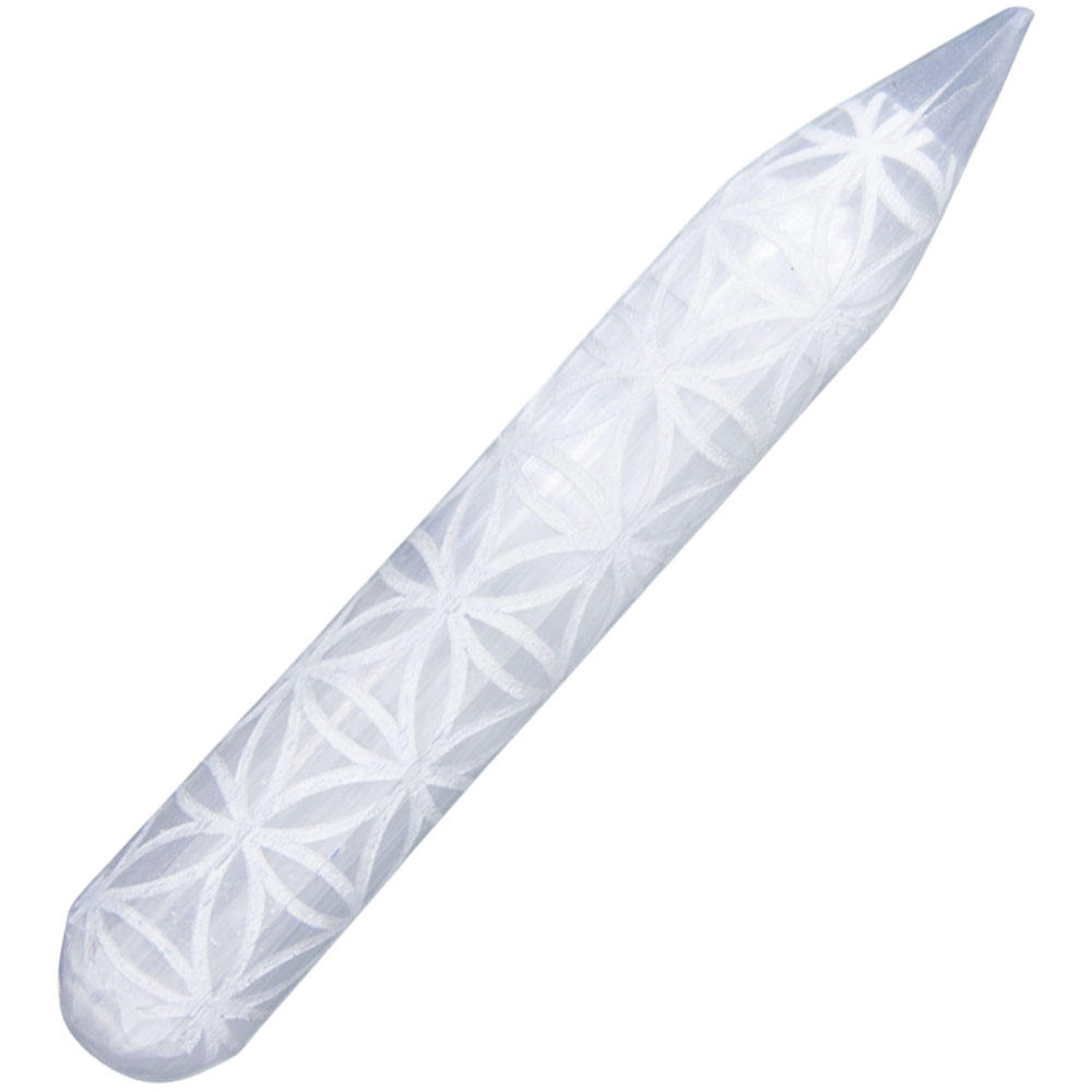 Massage Wand White Selenite w/ FLOWER of Life (Each)