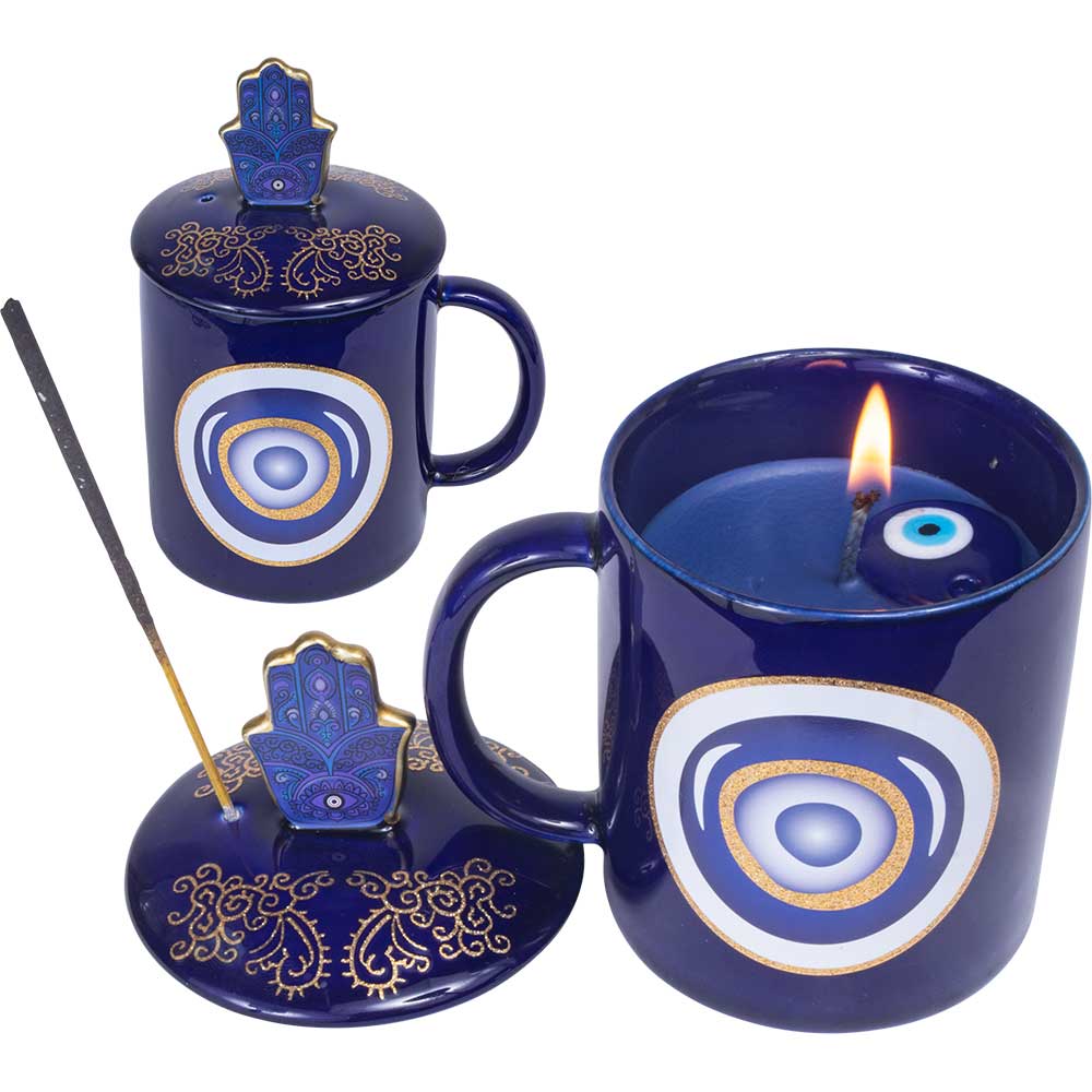 Multi Purpose 3 in 1 Ceramic COFFEE Mug Candle w/ Gemstones & Incense Holder - Fatima Hand w/ Evil E