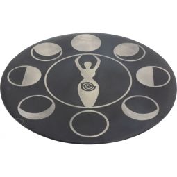 Soapstone Round Incense Holder w/ Silver Inlay - Moon Phase Goddess (Each)