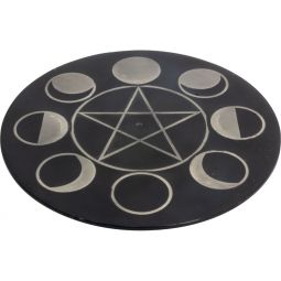 Soapstone Round Incense Holder w/ Silver Inlay - Moon Phases Pentacle (Each)