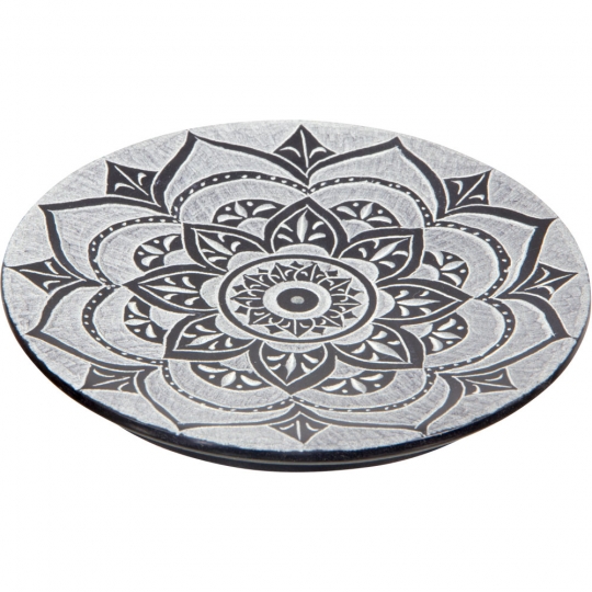 Soapstone Round Incense Holder - Lotus Mandala - Black (Each)