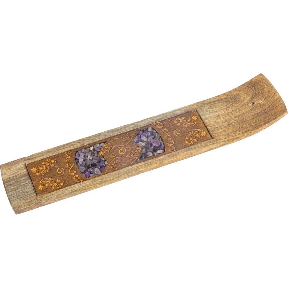 Laser Etched Wood Incense Holder - Healing Hands w/ AMETHYST Inlay (Each)