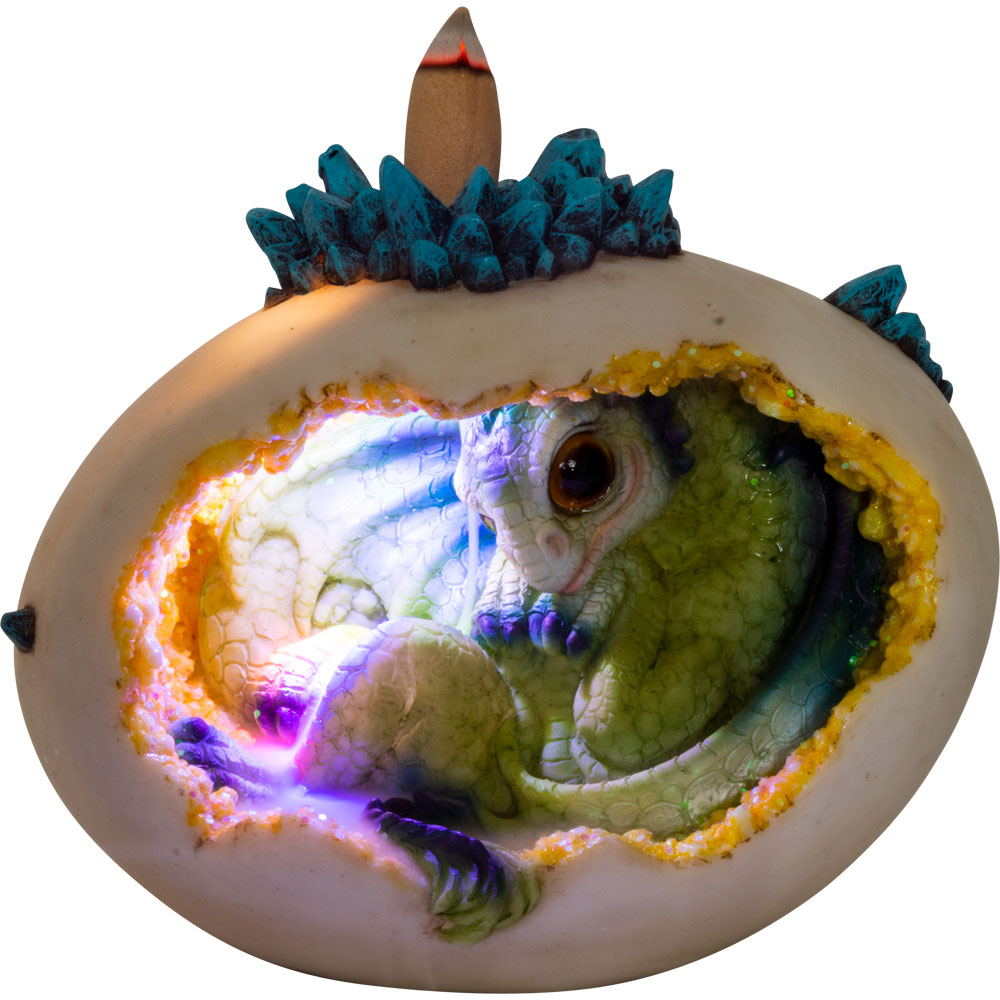 Polyresin Backflow INCENSE BURNER w/ Multicolor LED - Hatching Baby Dragon  (Each)