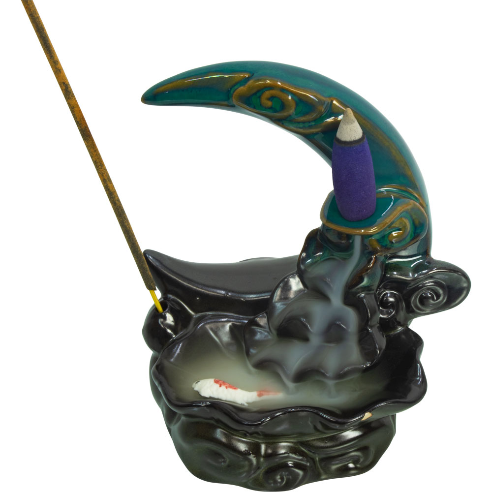 Ceramic Backflow INCENSE BURNER - Koi Fish Moon (Each)