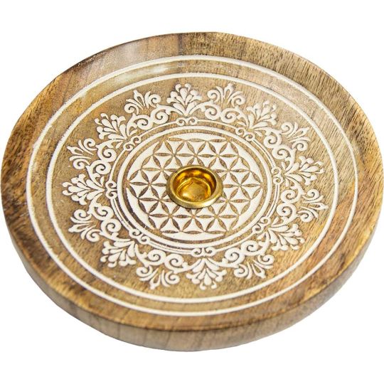 Mango Wood Round Cone Burner Laser Engraved - Flower of Life (Each)