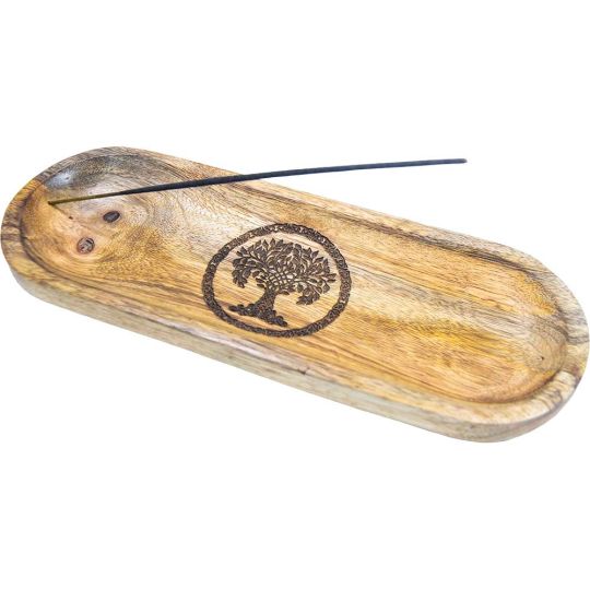 Mango Wood Oval Incense Holder Laser Engraved - Tree of Life (Each)