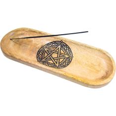 Mango Wood Oval Incense Holder Laser Engraved - Celtic Pentacle (Each)