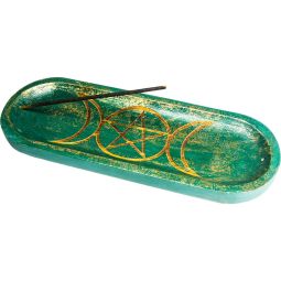 Mango Wood Oval Incense Holder Laser Engraved - Triple Moon Pentacle Green (Each)