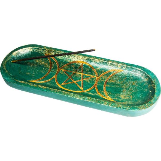 Mango Wood Oval Incense Holder Laser Engraved - Triple Moon Pentacle Green (Each)