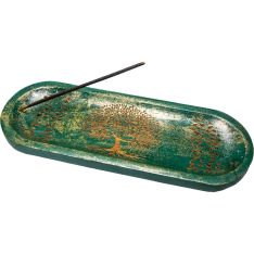 Mango Wood Oval Incense Holder Laser Engraved - Tree Of Life Green (Each)
