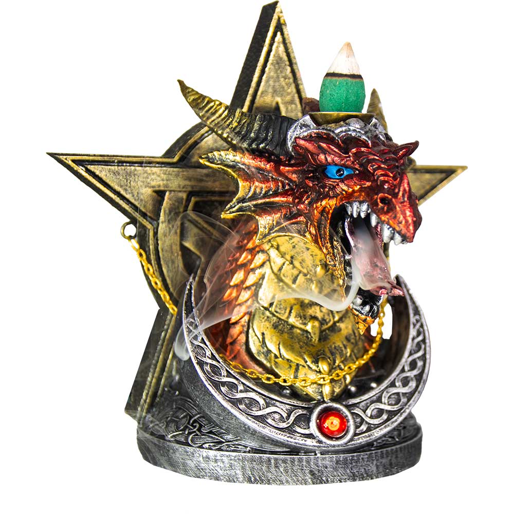 Polyresin Backflow INCENSE BURNER - Dragon Head w/ Pentacle & Gem (Each)