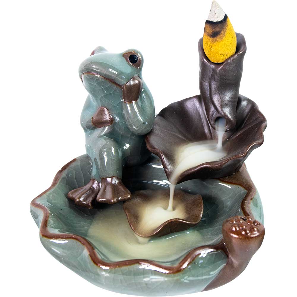 Ceramic Backflow INCENSE BURNER - Frog Sitting on Lotus Leaf (Each)