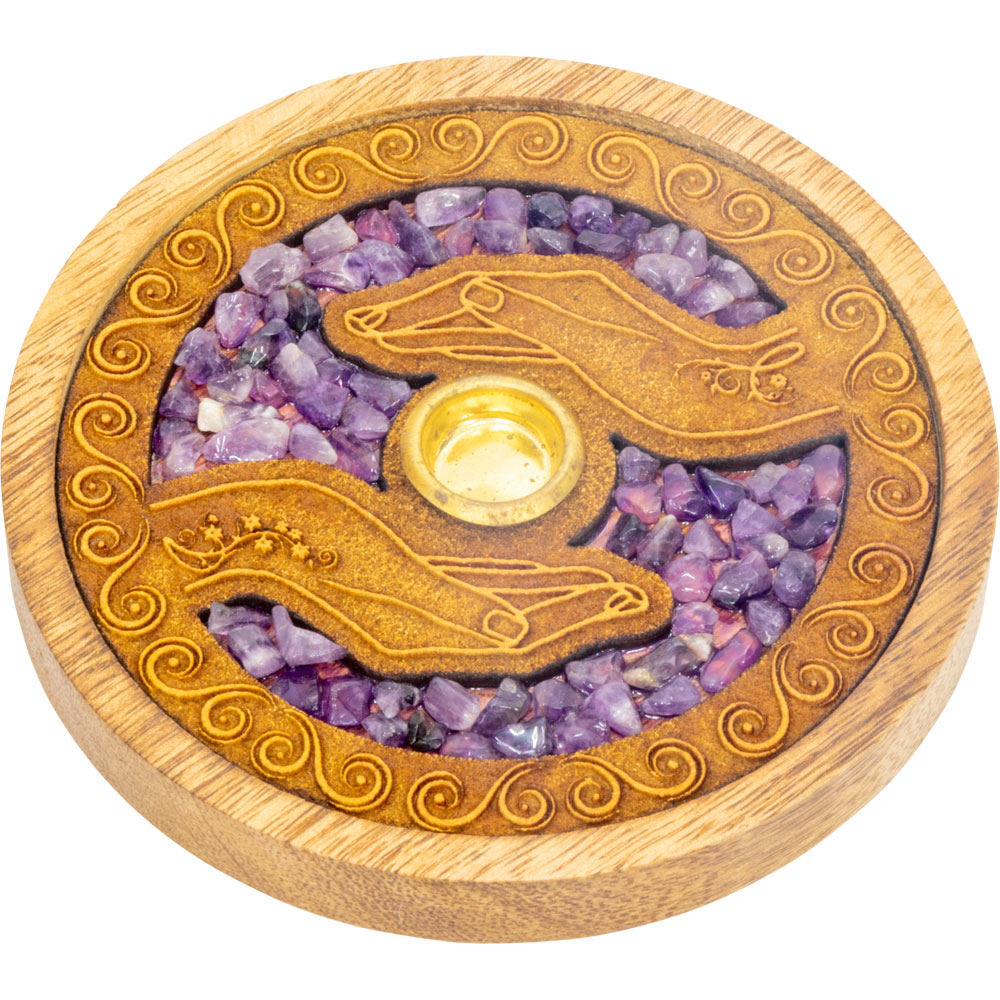 Laser Etched Wood Round Incense Holder - Healing Hands w/ AMETHYST Inlay (Each)