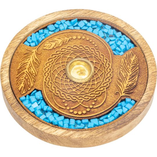 Laser Etched Wood Round Incense Holder - Dreamcatcher w/ Turquoise Inlay (Each)