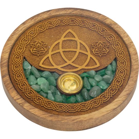Laser Etched Wood Round Incense Holder - Triquetra w/ Green Aventurine Inlay (Each)