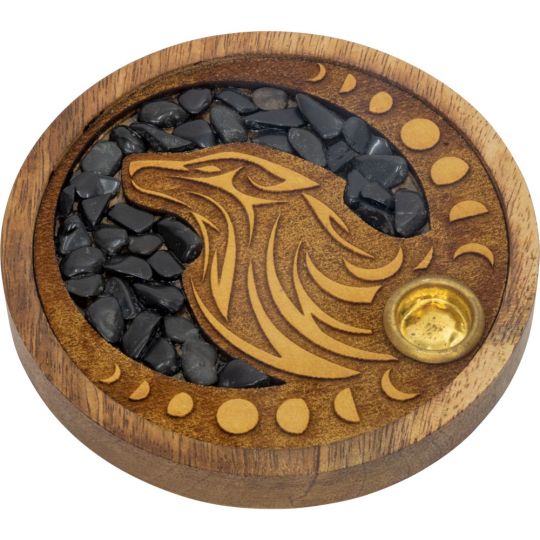Laser Etched Wood Round Incense Holder - Wolf w/ Black Onyx Inlay (Each)