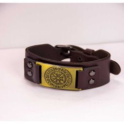 Vegan Leather Adjustable Bracelet - Viking Runes Vegvisir Brown (Each)