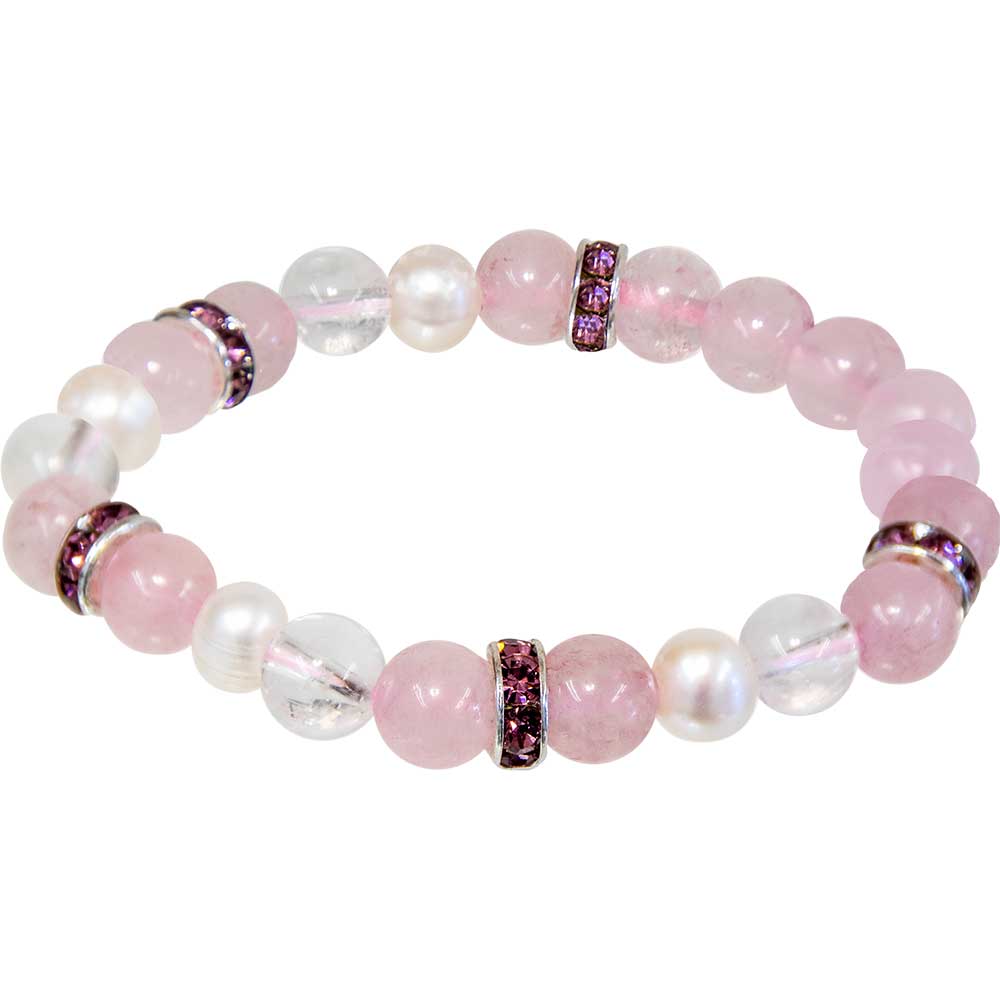 Elastic BRACELET 8mm w/ Rondelle Spacer - Rose Quartz & Clear Quartz w/ Pearls (Each)