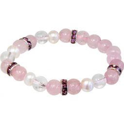 Elastic Bracelet 8mm w/ Rondelle Spacer - Rose Quartz & Clear Quartz w/ Pearls (Each)