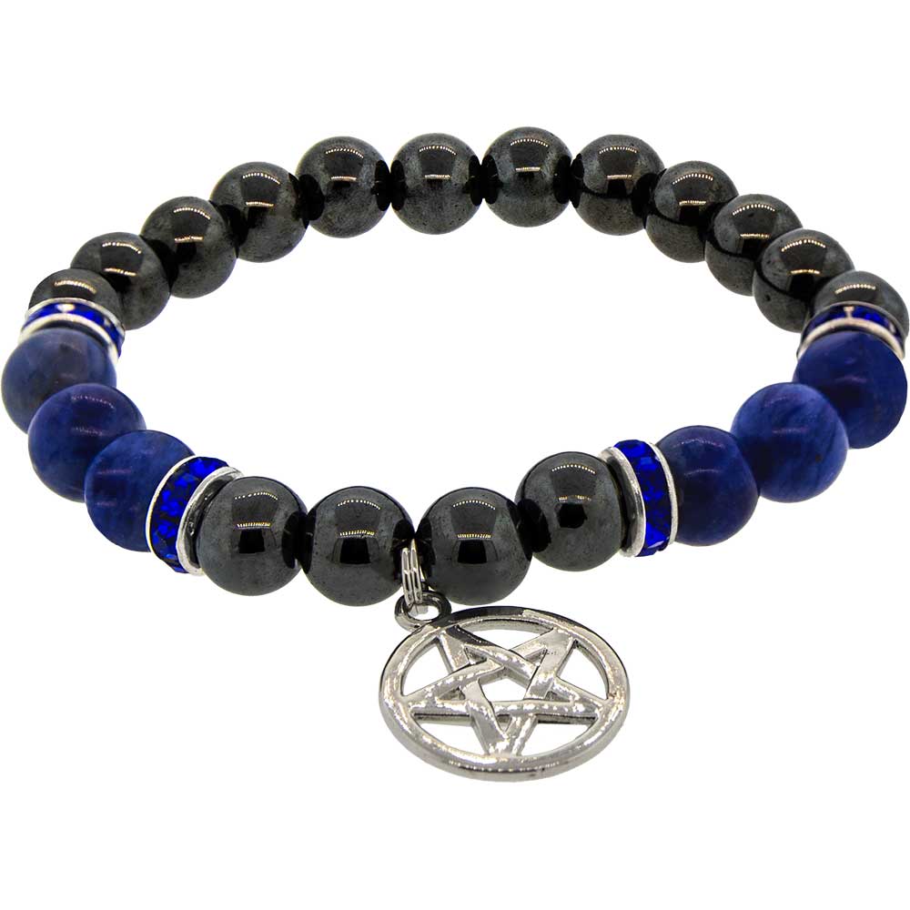 Elastic BRACELET 8mm w/ Rondelle Spacer - Hematite & Sodalite w/ Pentacle (Each)