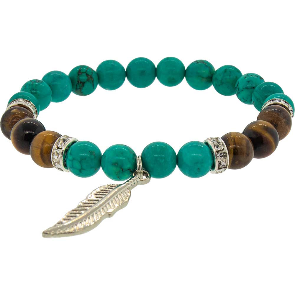 Elastic BRACELET 8mm w/ Rondelle Spacer - Turquoise & Tiger Eye w/ Feather (Each)