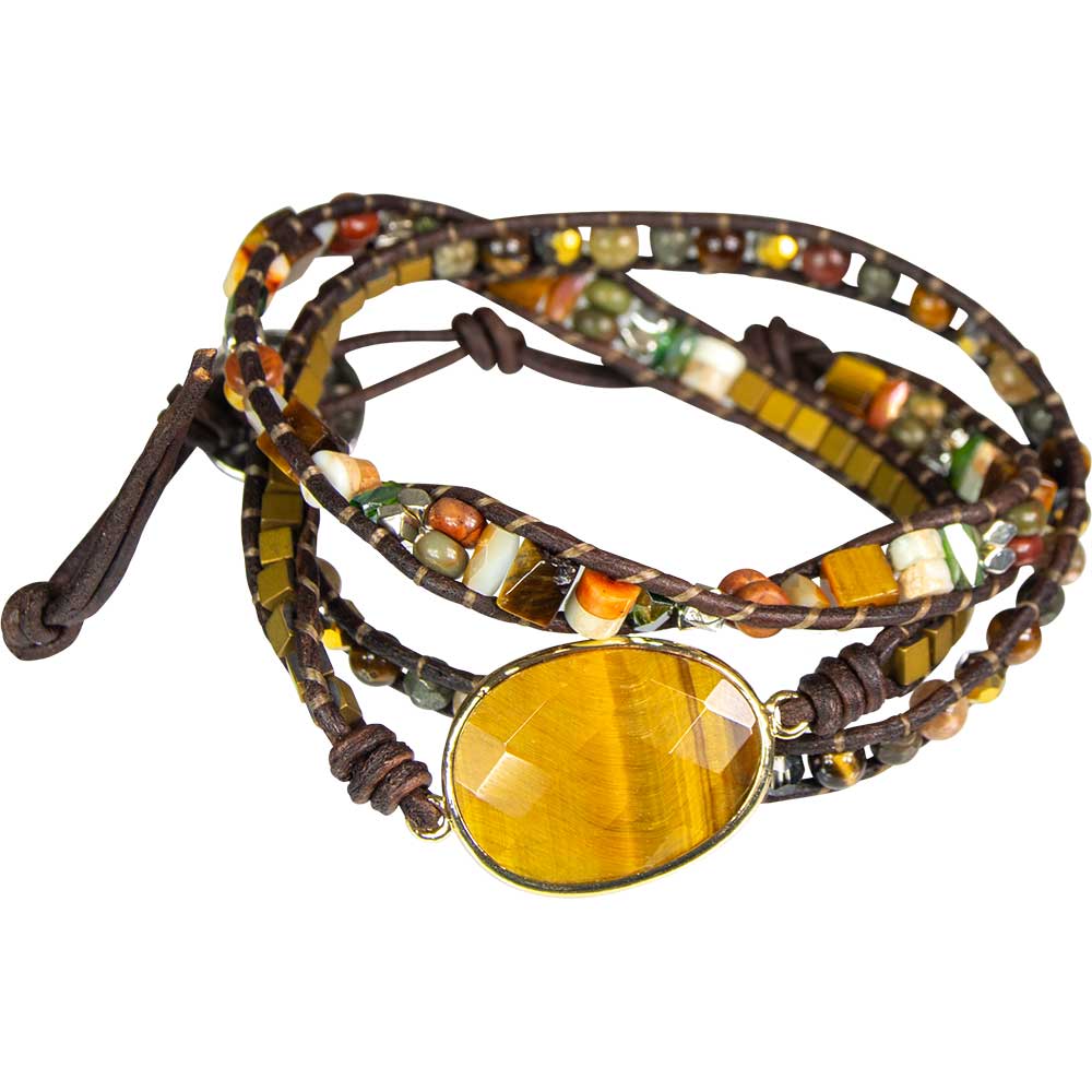 Wrap Bracelet LEATHER & Mixed Gemstone w/Tiger Eye Accent (Each)