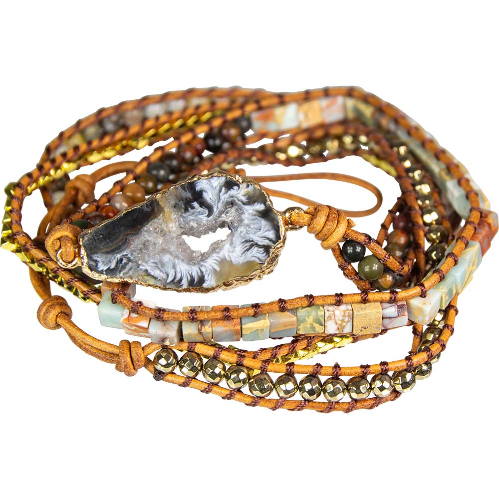 Wrap Bracelet LEATHER & Mixed Gemstones w/ Agate Accent (Each)