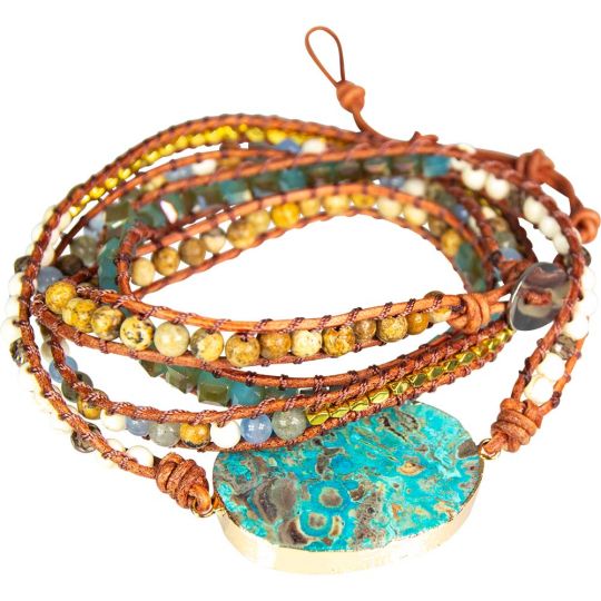 Wrap Bracelet Leather & Mixed Gemstones w/ Ocean Jasper Accent (Each)