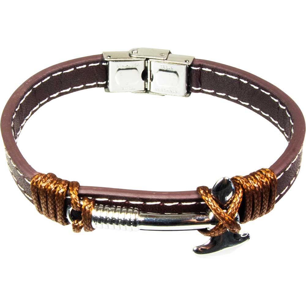 LEATHER Stainless Steel Clasp Bracelet Brown w/ Viking Axe (Each)