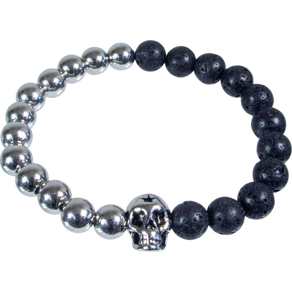 Elastic Bracelet 8mm Round Bead - Brass & Lava w/ SKULL (Each)