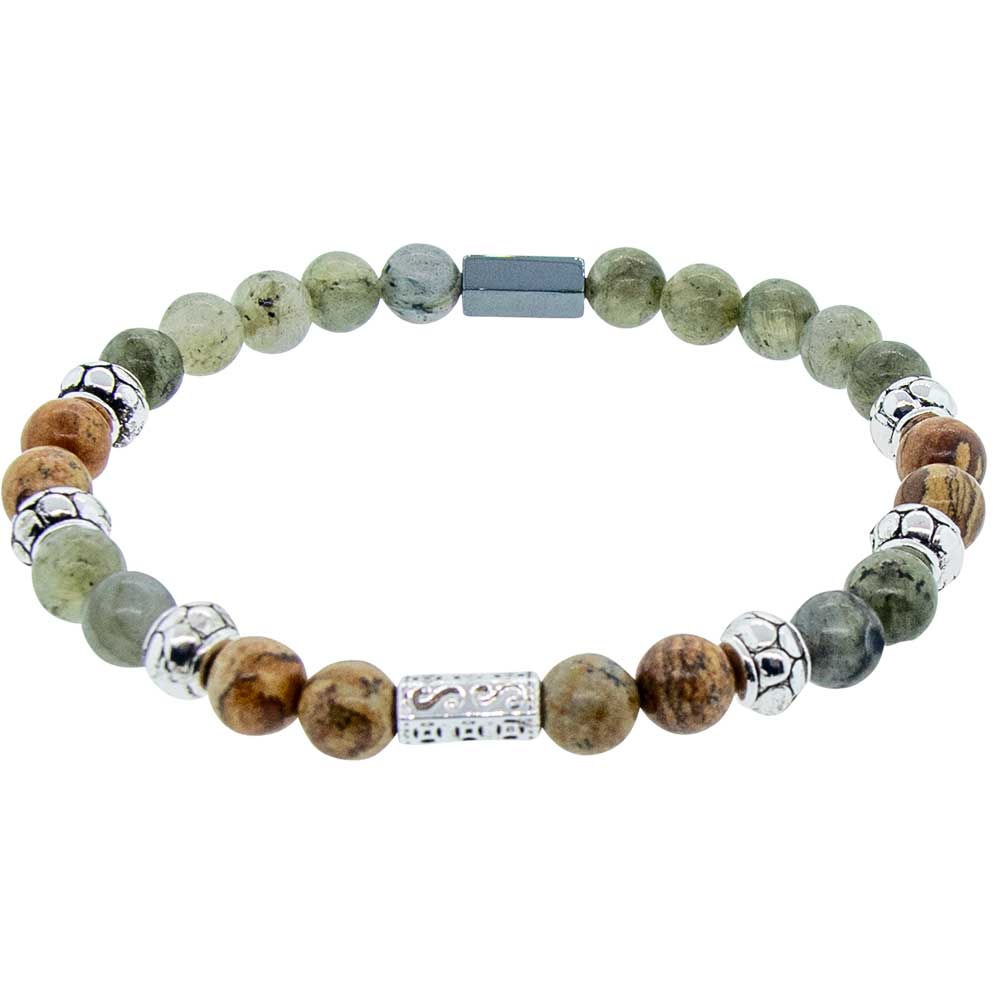 Elastic Bracelet 6mm Round Bead - Labradorite & Picture Jasper w/ HEMATITE & Silver Accent Beads (Ea