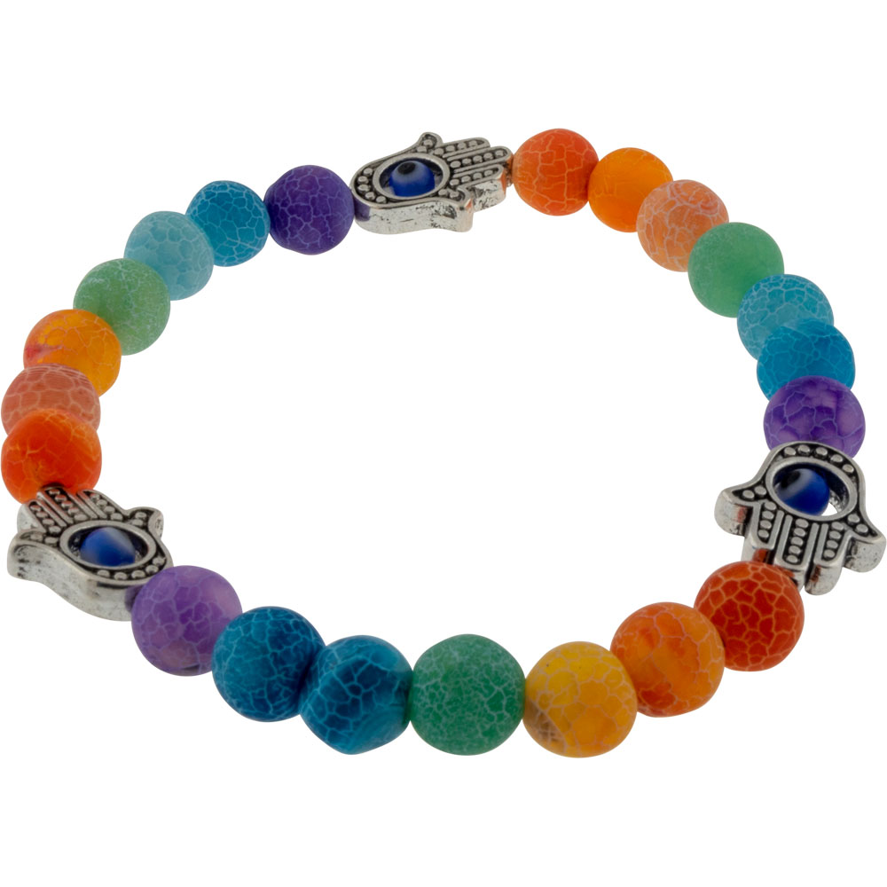 Chakra Elastic Bracelet 8mm Round BEADS - Cracked Agate w/ Fatima Hands (Each)