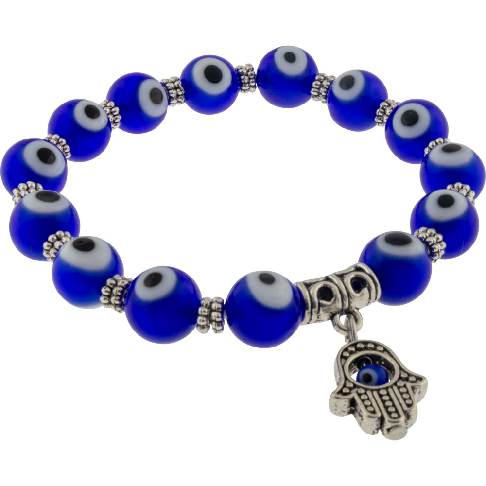 Glass BEADS Elastic Bracelet  Evil Eye Protection Cobalt Blue w/ Fatima Hand (Each)