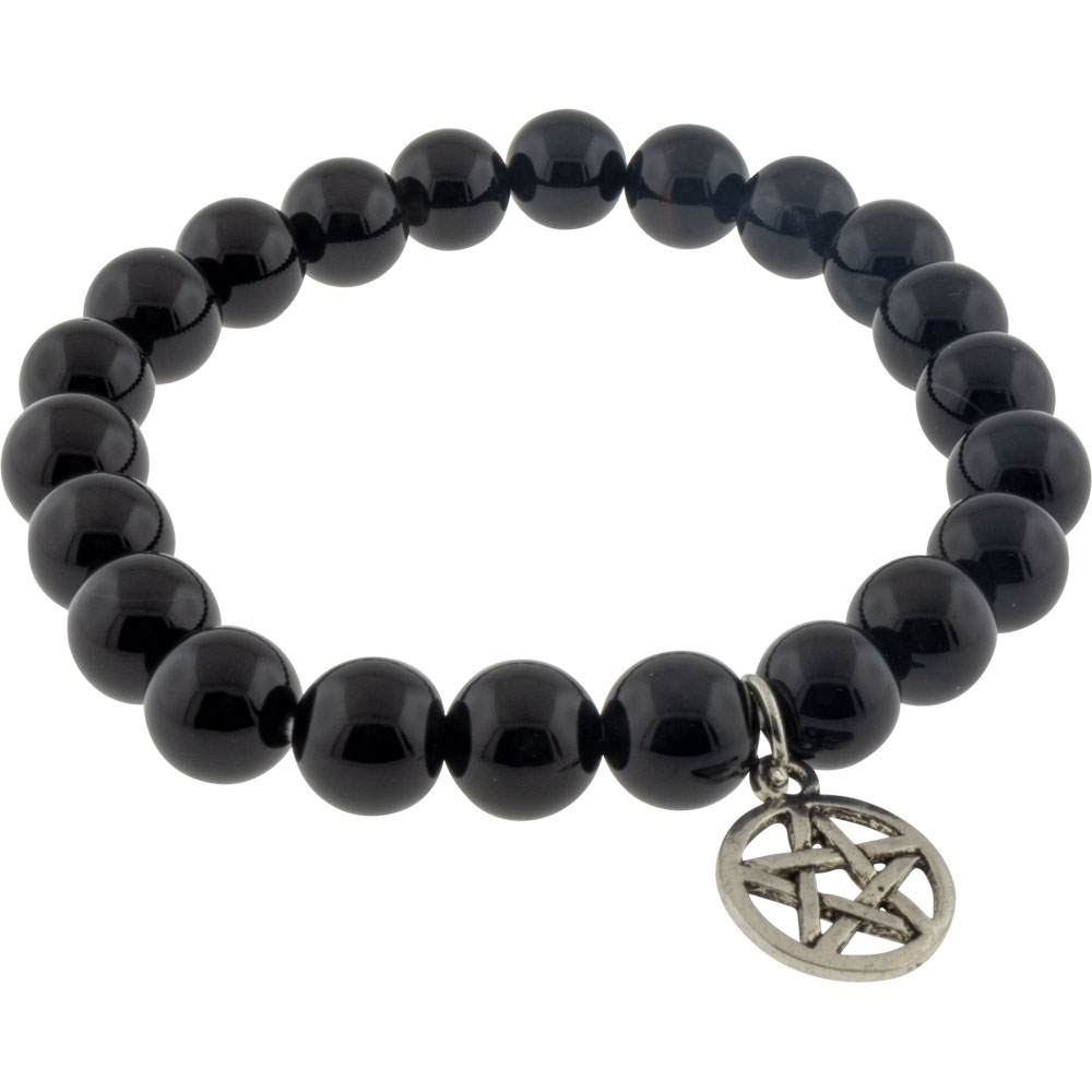 Elastic Bracelet 8mm Round BEADS - Black Agate w/ Pentacle (Each)