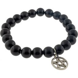 Elastic Bracelet 8mm Round Beads - Black Agate w/ Pentacle (Each)