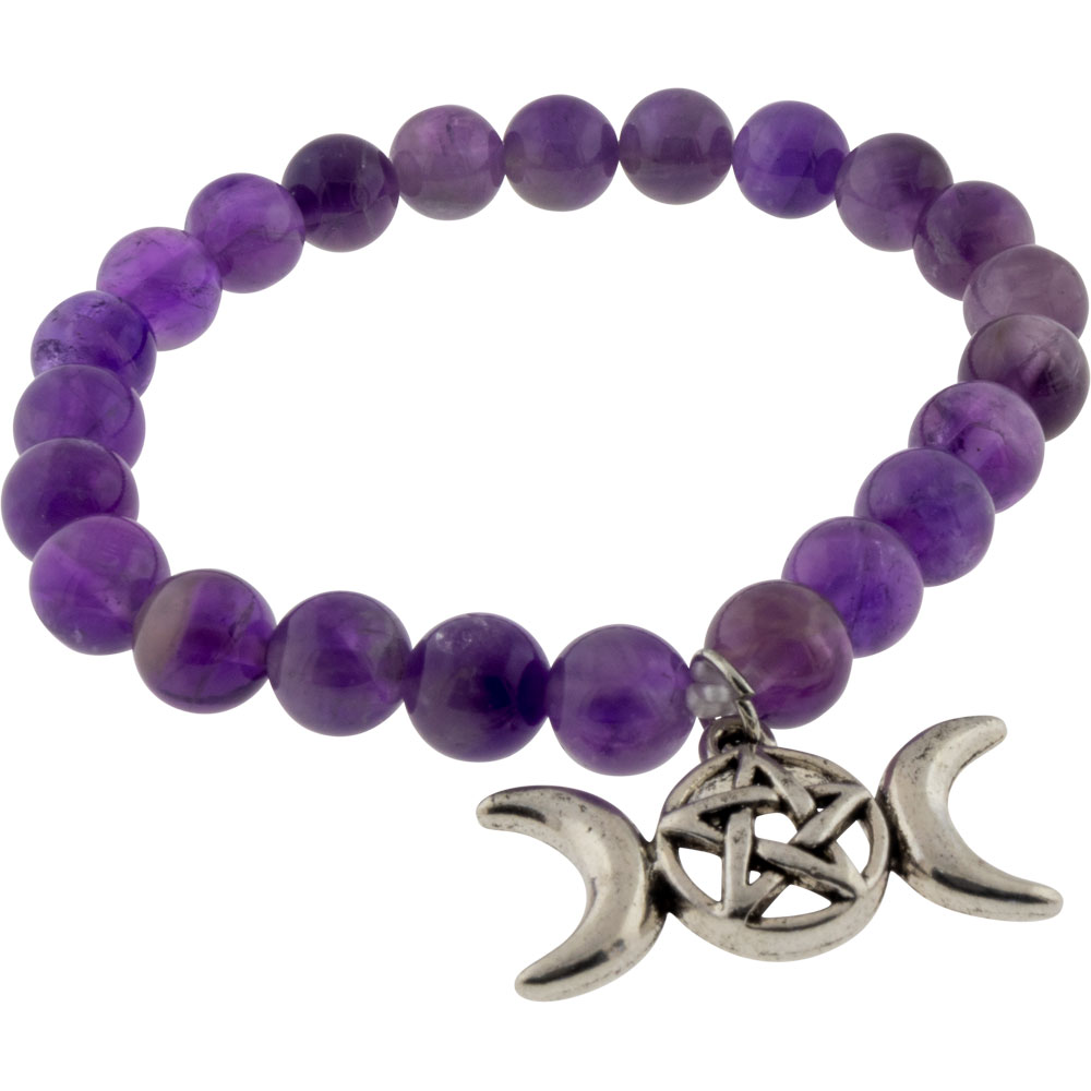 Elastic Bracelet 8mm Round BEADS - Amethyst w/ Pentacle Triple Moon (Each)