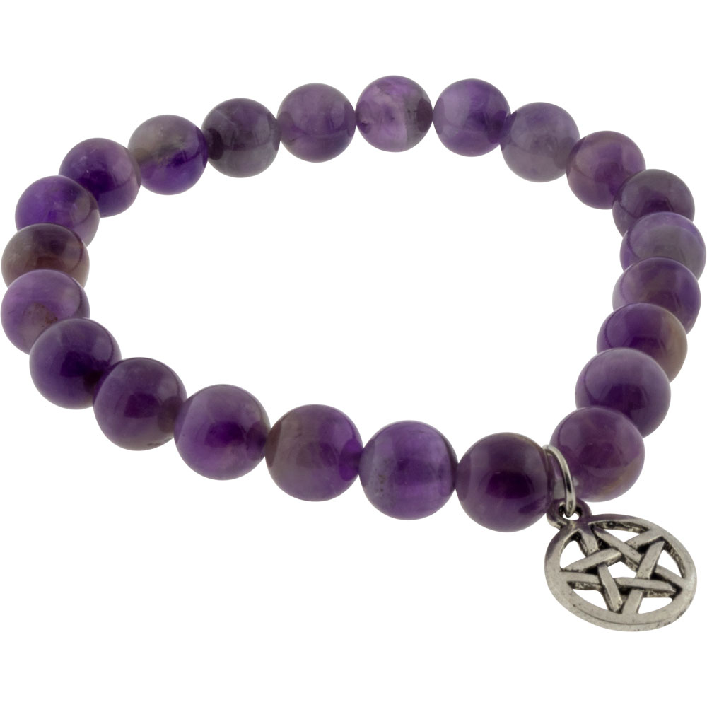 Elastic Bracelet 8mm Round BEADS - Amethyst w/ Pentacle (Each)