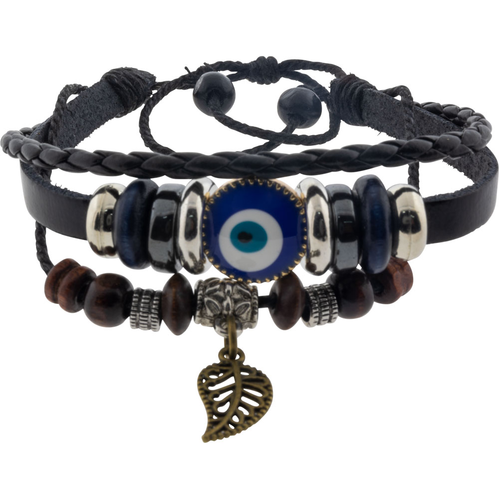 LEATHER Protection Bracelet Evil Eye - Black w/ Feather (Each)