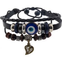 Leather Protection Bracelet Evil Eye - Black w/ Feather (Each)