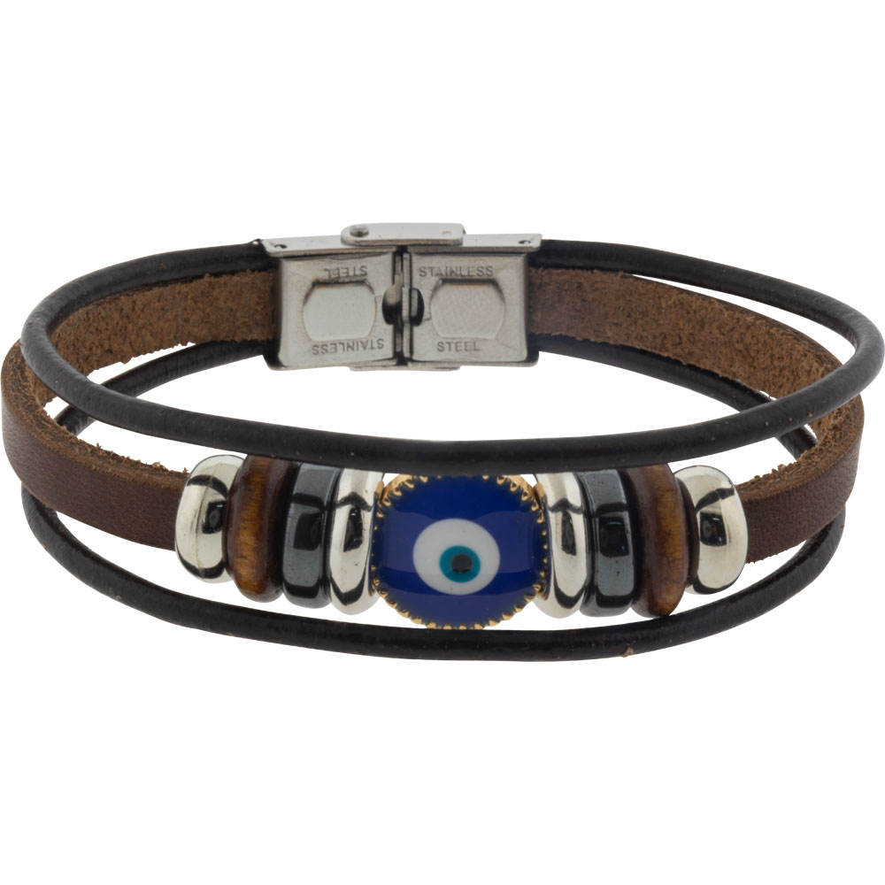 LEATHER Protection Bracelet  Evil Eye - Triple Row Brown (Each)