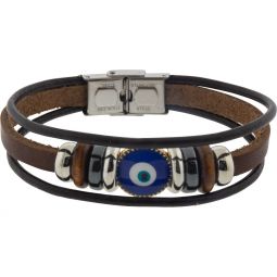 Leather Protection Bracelet  Evil Eye - Triple Row Brown (Each)