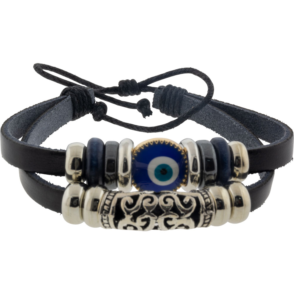 LEATHER Protection Bracelet Evil Eye  - Black w/ Filigree(Each)