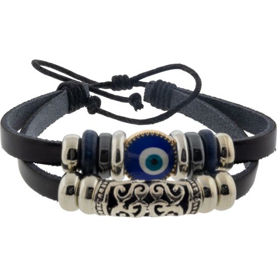 Leather Protection Bracelet Evil Eye  - Black w/ Filigree(Each)