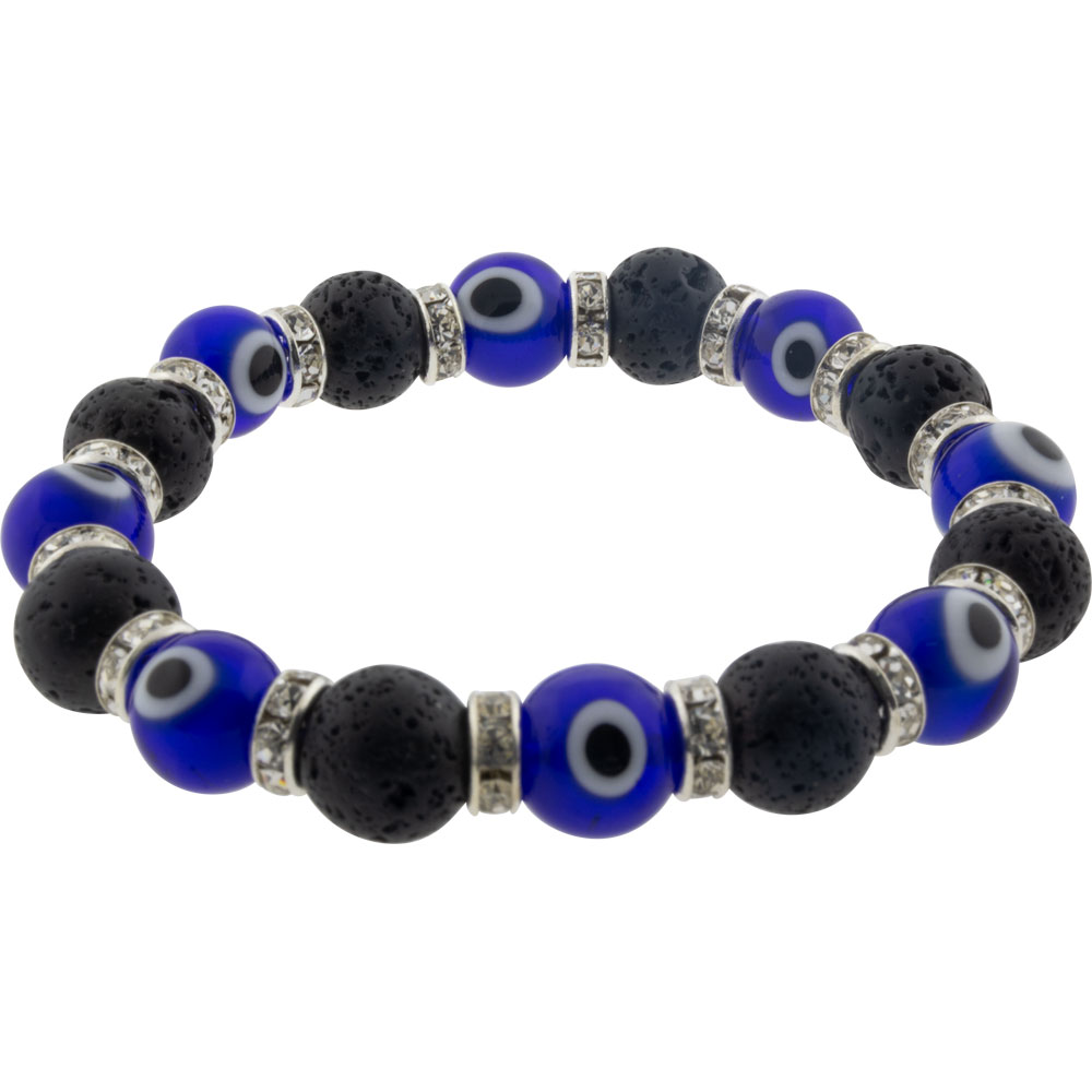 Glass BEADS Elastic Bracelet Evil Eye Protection Cobalt Blue w/ Lava (Each)