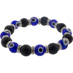 Glass Beads Elastic Bracelet Evil Eye Protection Cobalt Blue w/ Lava (Each)