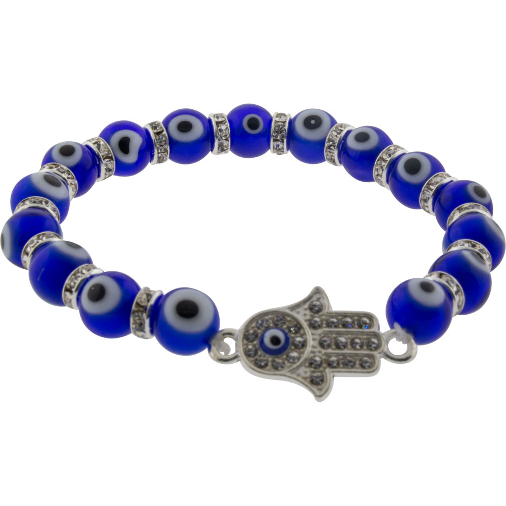 GLASS BEADS Elastic Bracelet  Evil Eye Protection Cobalt Blue w/ Gem Fatima Hand (Each