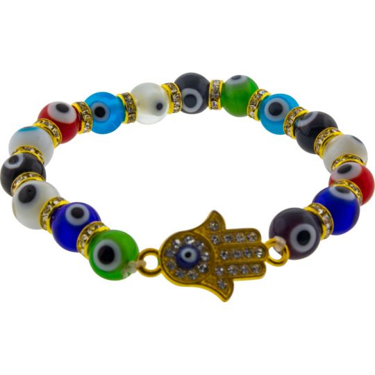 Glass Beads Elastic Bracelet  Evil Eye Protection Multi-Colored w/ Fatima Hand (Each